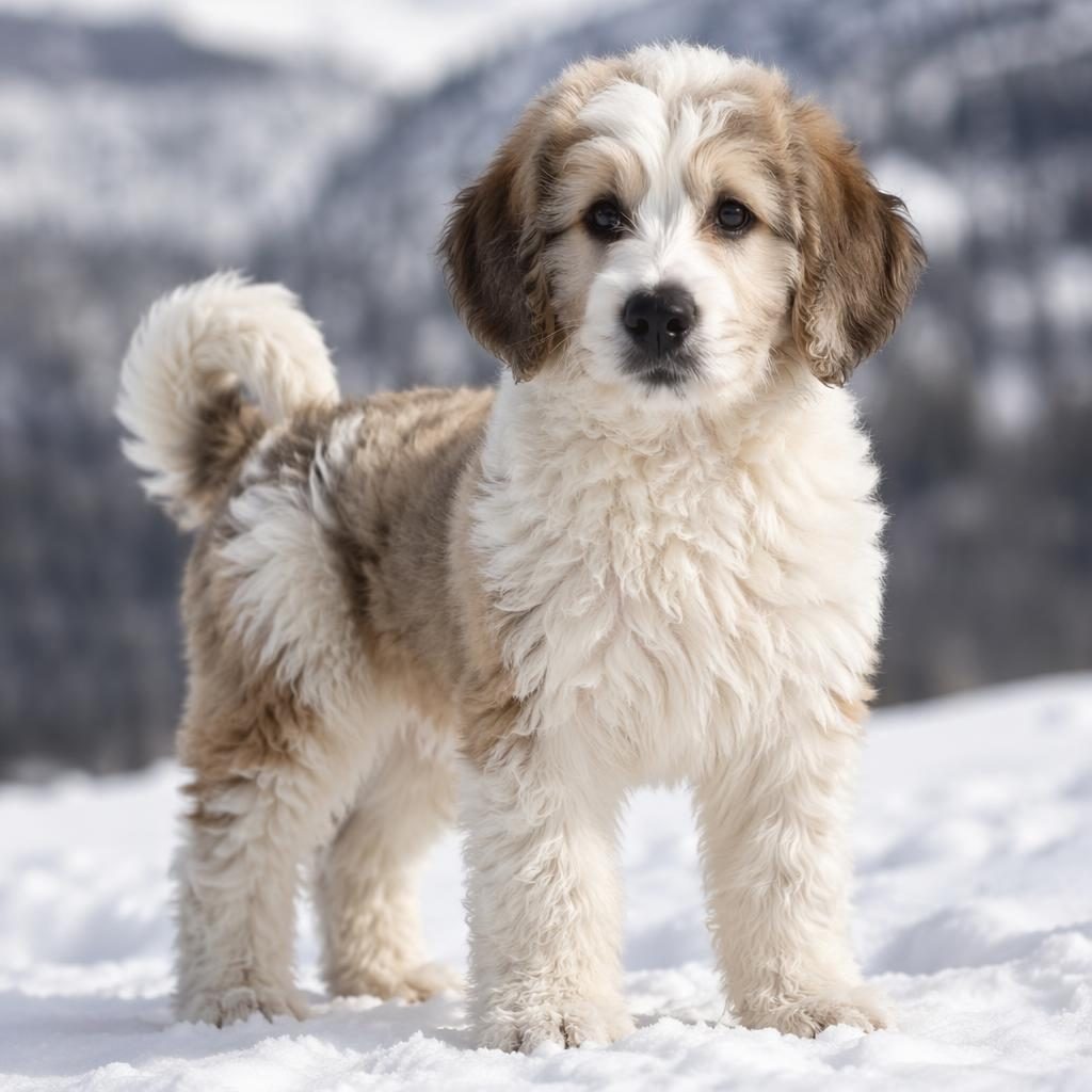Single mixed-breed puppy with St Bernard and Malamute traits, fluffy coat, relaxed expression, posed in a snowy studio scene.