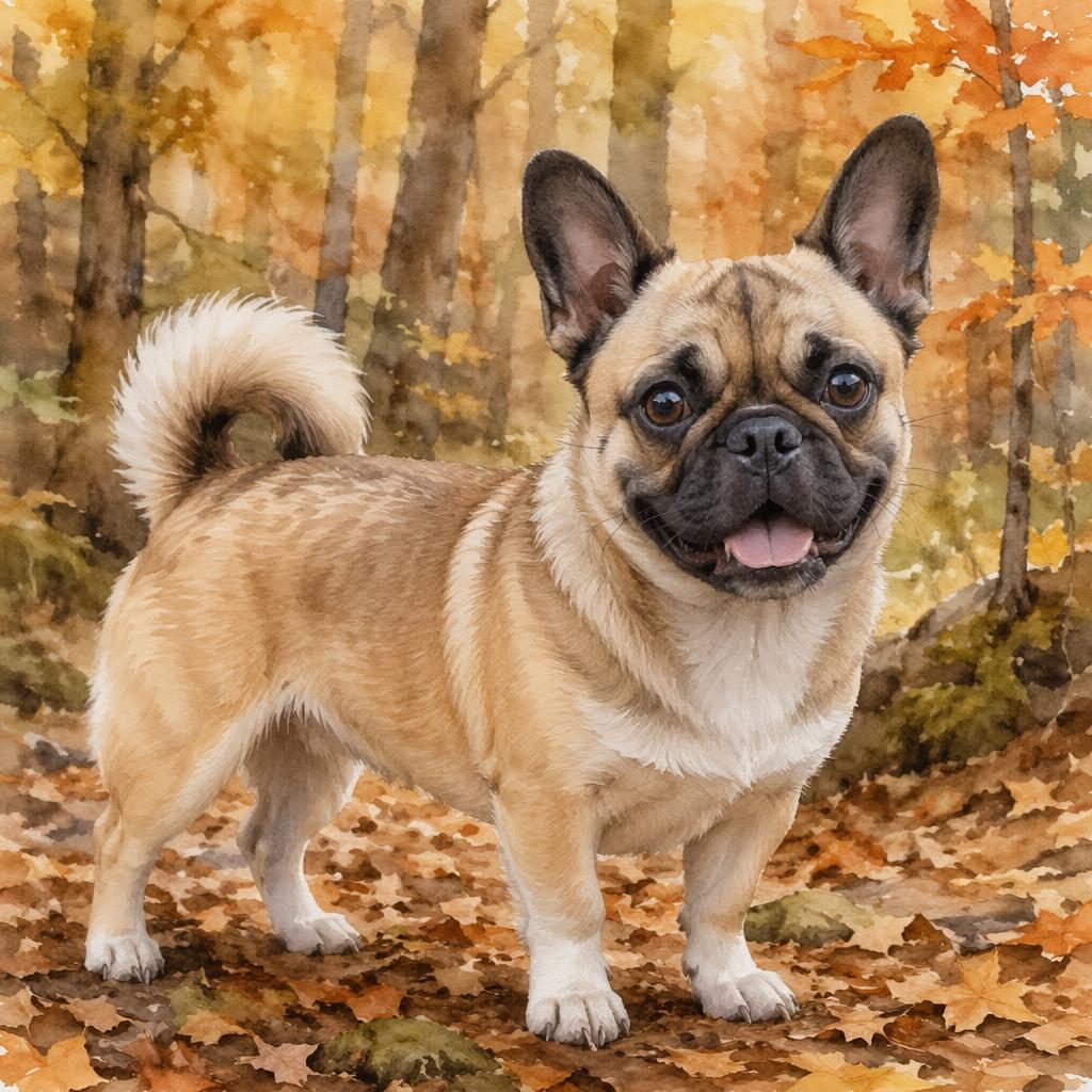 Watercolor-style portrait of a single corgi husky mix dog in an autumn forest with soft light and realistic fur detail