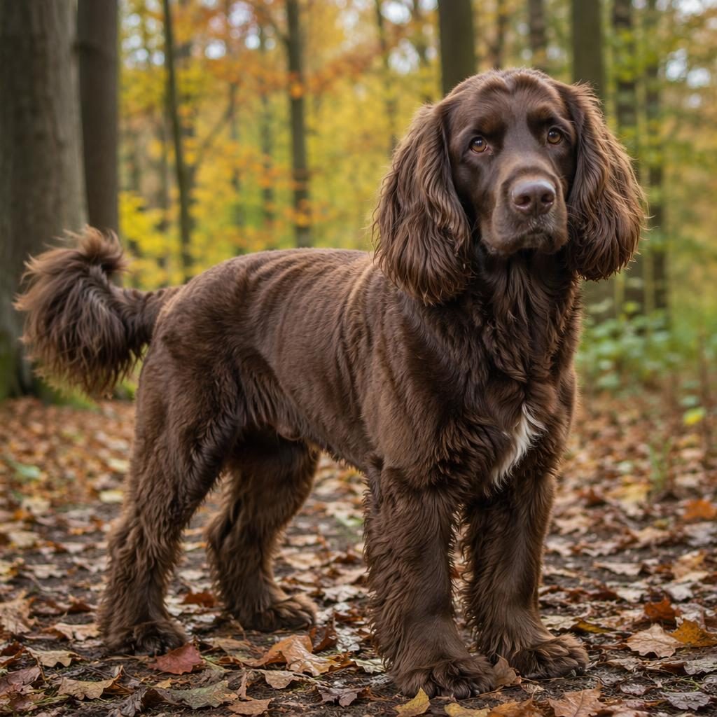 Illustration of a single young adult Beagle and Newfoundland mix dog with silky coat in an autumn forest