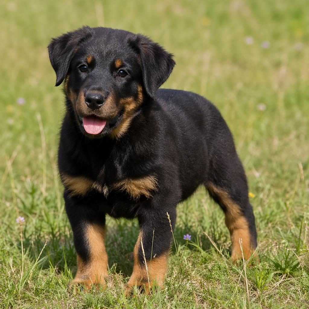 Photo-real illustration of a friendly small mixed-breed dog standing in a grass meadow in soft natural light