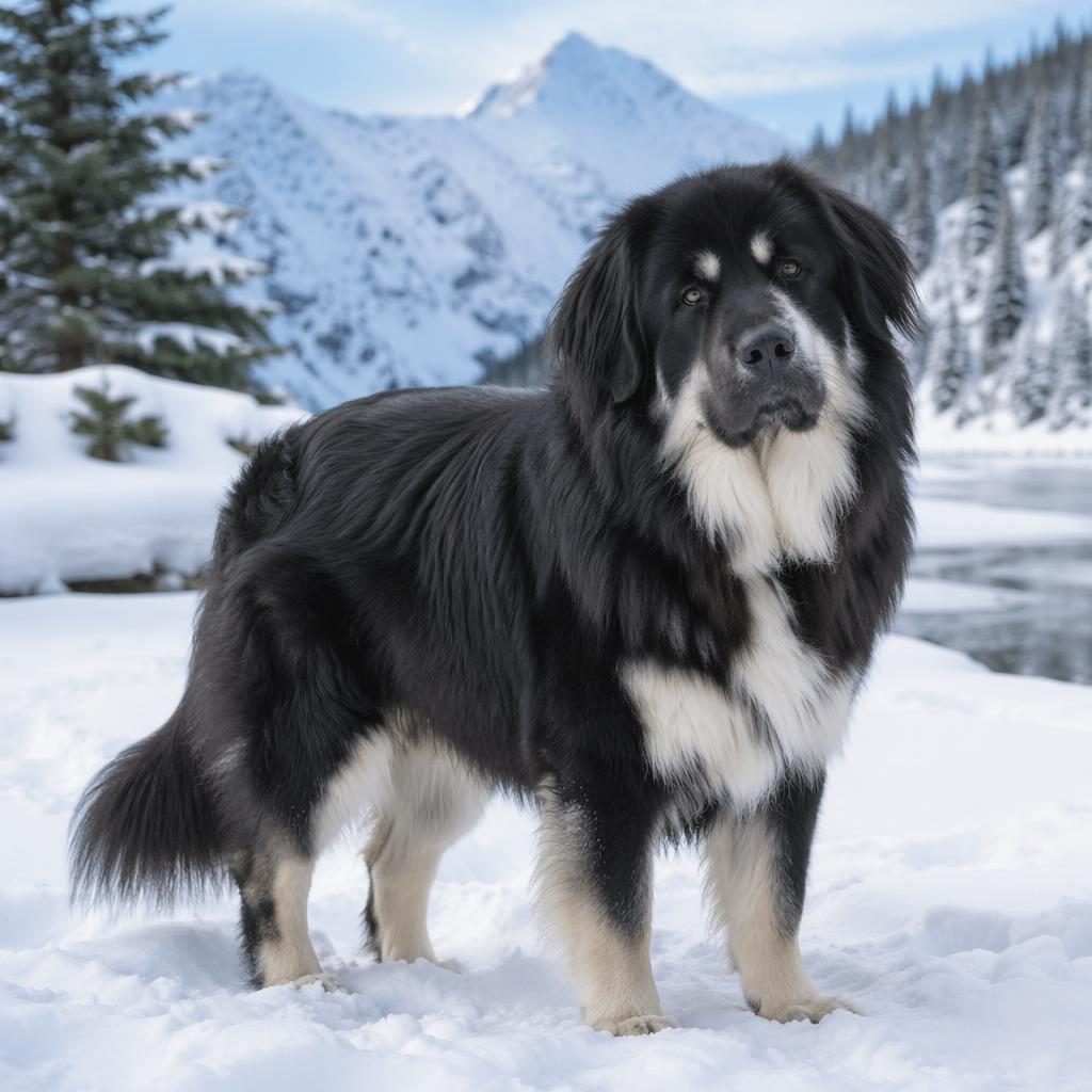 Photorealistic illustration of a single friendly labmaraner-like mixed dog standing in snow with soft light and sharp fur detail.