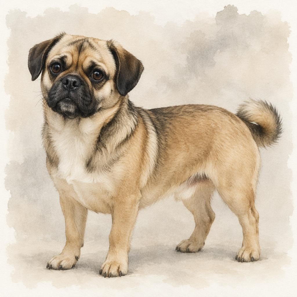 Chien carlin croisé adulte en style aquarelle, seul sur fond neutre, expression calme, pelage soigné et réaliste