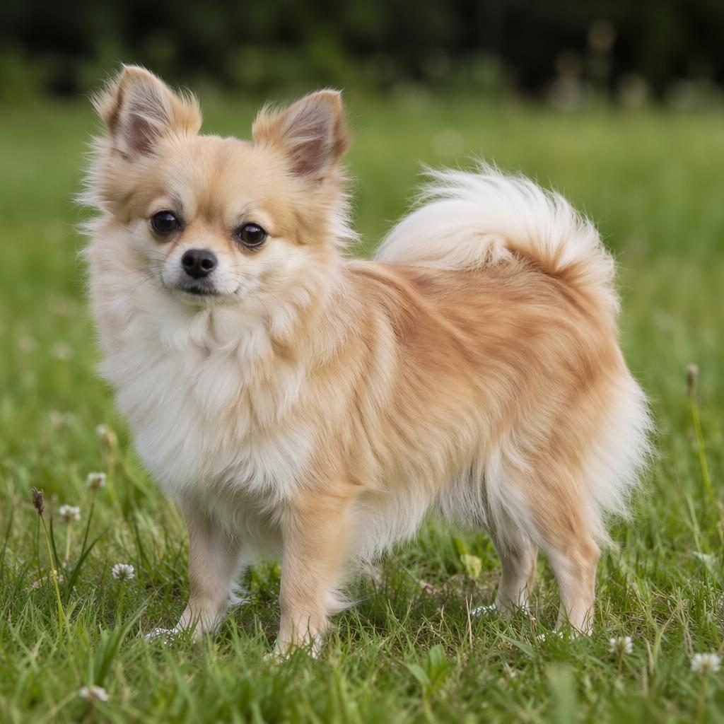 Cão pequeno mestiço de Chihuahua com Lulu da Pomerânia em pé num prado, pelagem fofa e cauda plumada