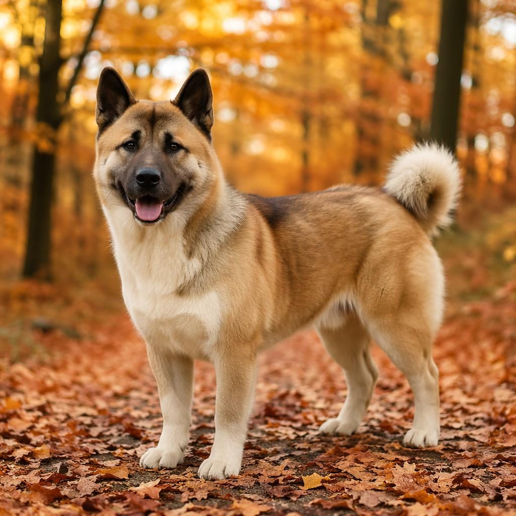 Ein einzelner junger Mischhund im Herbstwald, freundlich, gepflegt, mit dichtem Fell, weichem Licht und scharfem Fokus.
