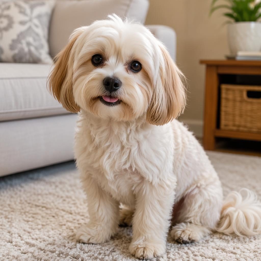 Editorial portrait of a single young adult hybrid dog in a cosy living room with soft light and realistic fur