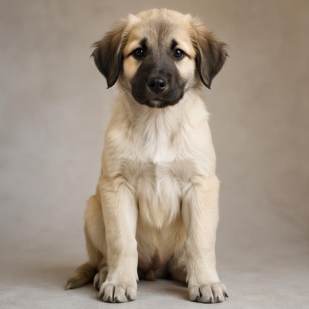 Editorial portrait of a realistic anatolian shepherd pyrenees mix puppy on a soft neutral background.
