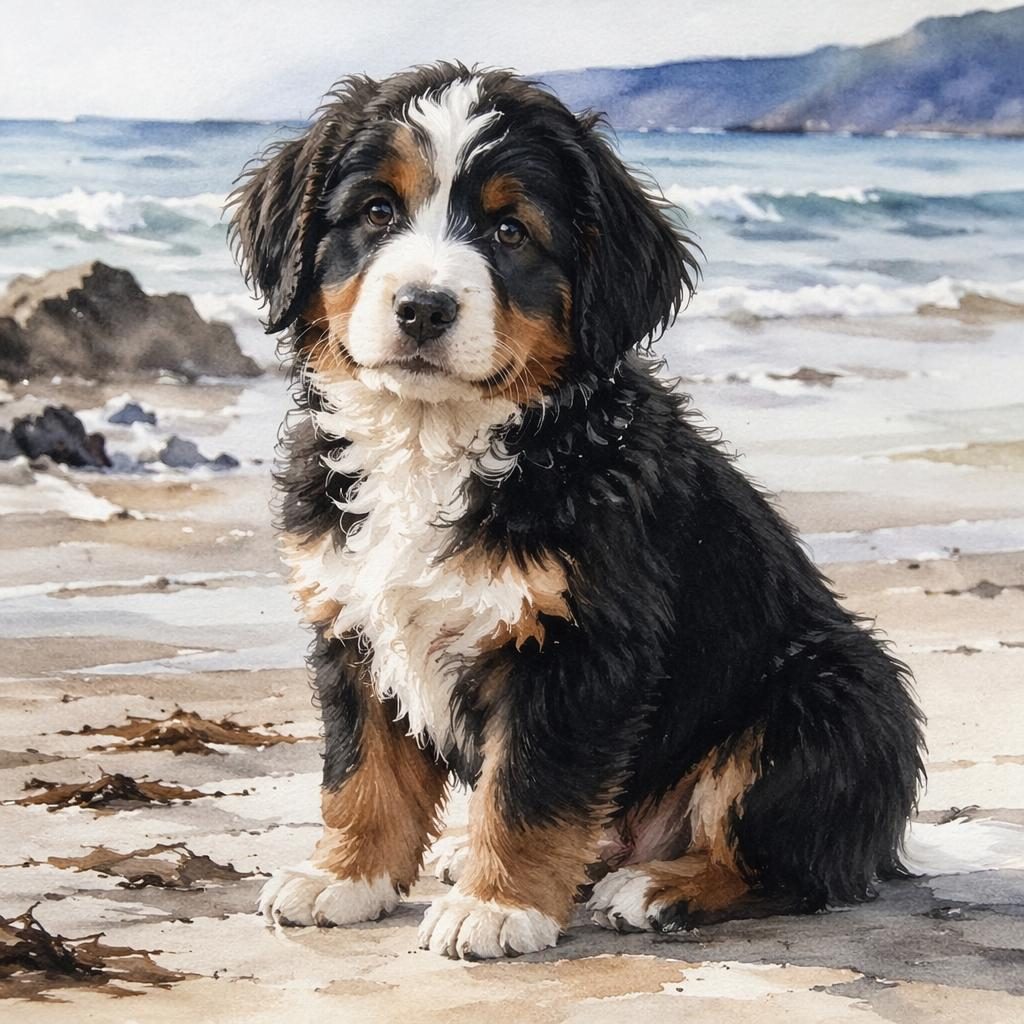 Chiot croisé type berger anglais croisé caniche, rendu aquarelle réaliste, seul sur la plage, expression calme.