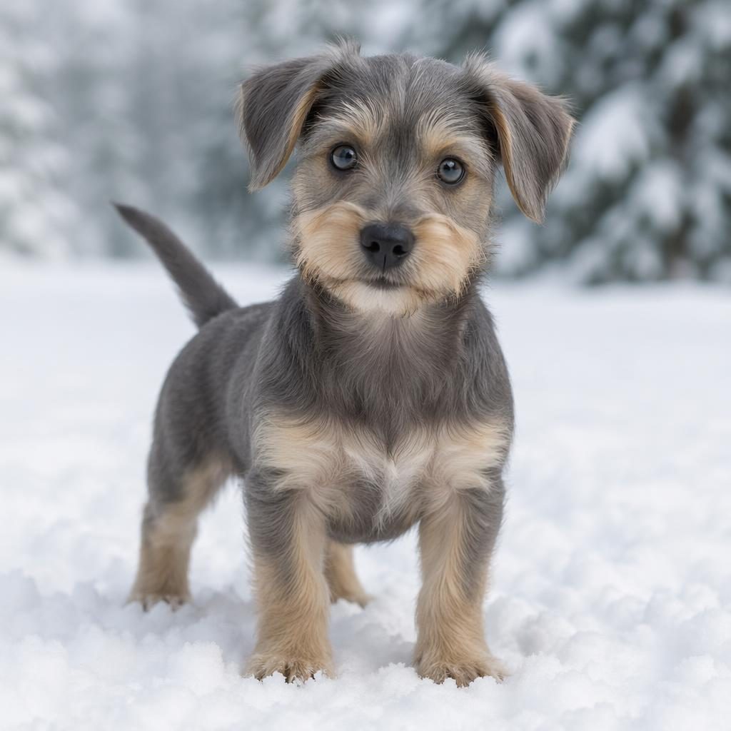 Photo-real illustration of a friendly puppy in a snowy landscape with silky coat, soft light, and sharp fur detail