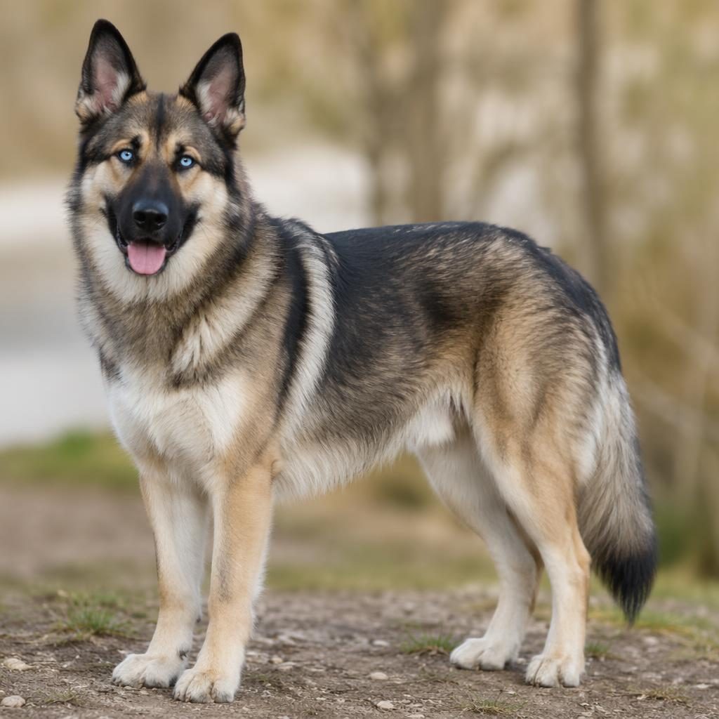 Chien adulte seul, type berger allemand x husky, pelage rare, posture détendue, fond neutre en extérieur