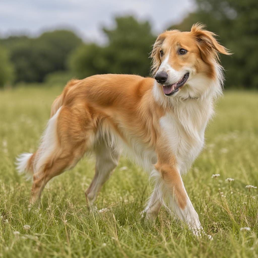 Senior-Hund als langhaariger Windhund-Mischling steht entspannt auf einer grünen Wiese bei weichem Tageslicht.