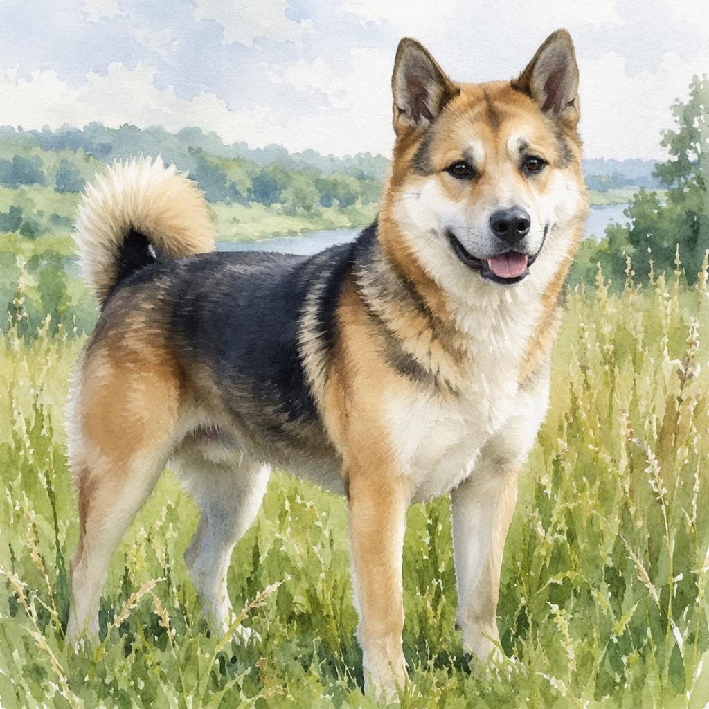 Ein einzelner junger Hund im Aquarellstil auf einer Graswiese, freundlich entspannt, mit weichem Licht und detailreichem Fell.