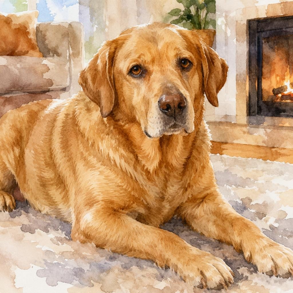 Perro mestizo senior de estilo acuarela en salón acogedor, expresión relajada, pelaje suave y luz natural.