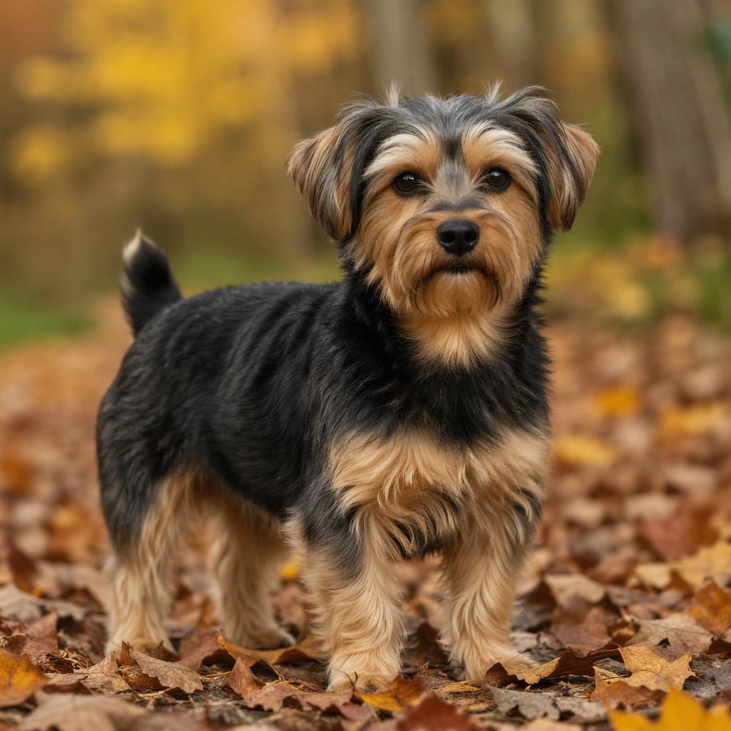 Single dorkie dog standing in an autumn forest, realistic fur, relaxed expression, soft natural light, sharp focus