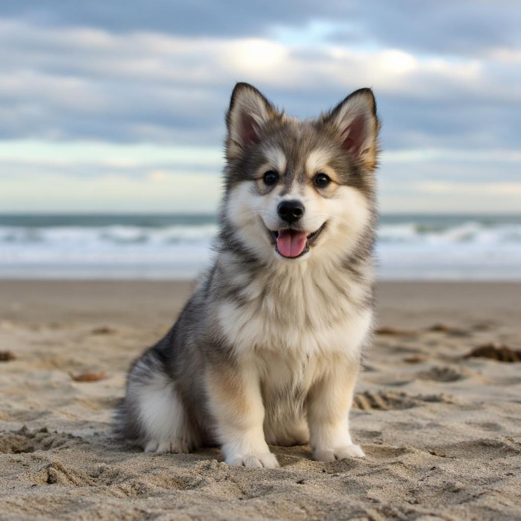 Ein einzelner Dogge-Corgi-Mix als Welpe am Strand, freundlich, gepflegt, mit natürlichem Licht und scharfem Fell.