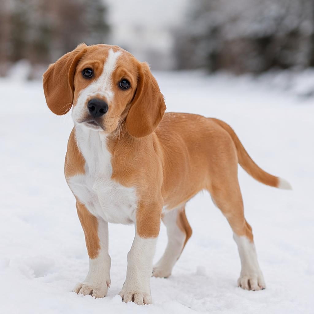 Ein einzelner Mischlingswelpe mit Ridgeback- und Jack-Russell-Merkmalen steht entspannt in einer verschneiten Landschaft.