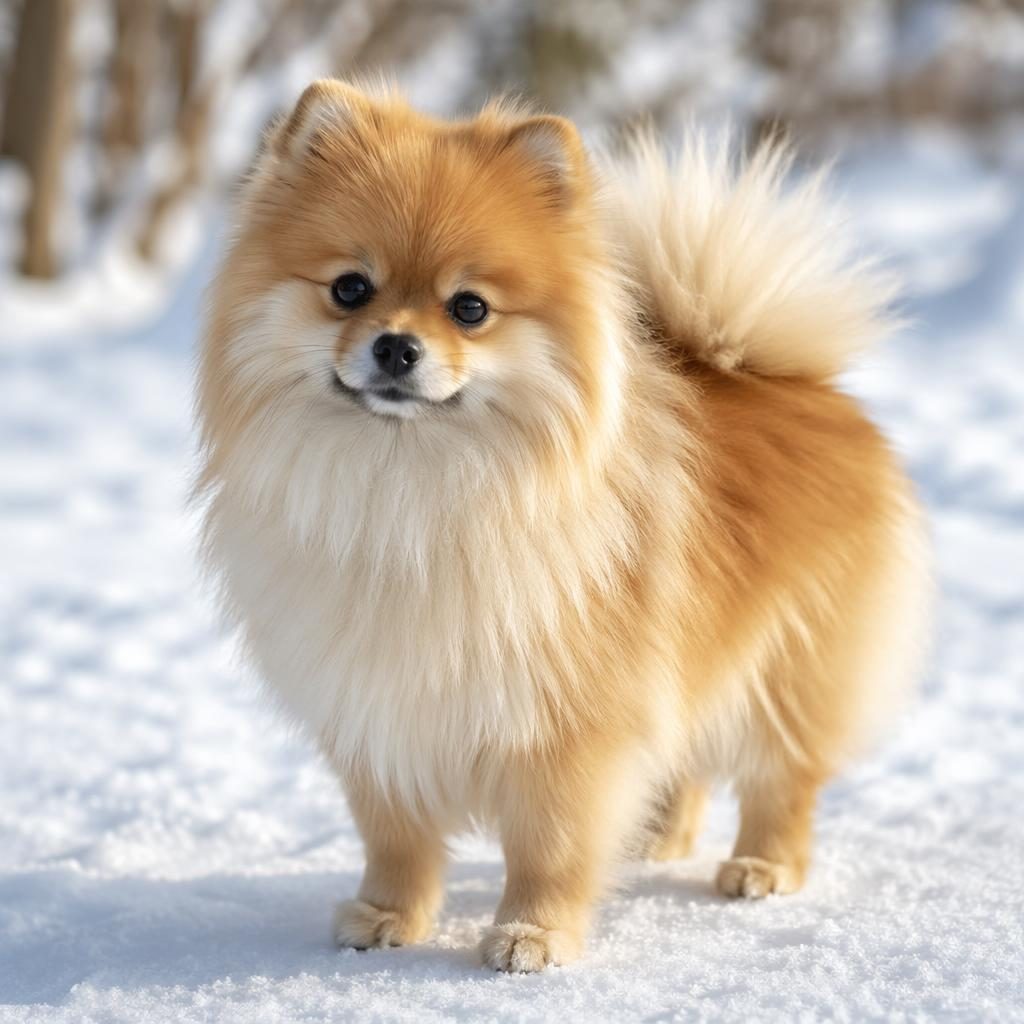 Photoreal puppy in a snowy landscape with fluffy coat, relaxed friendly expression, soft natural light, sharp fur detail