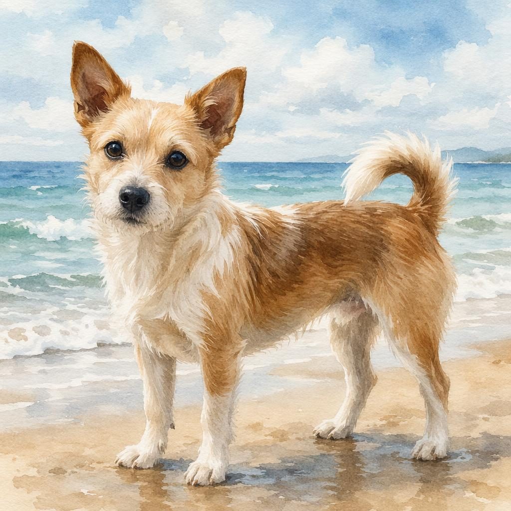 Watercolor-style single adult hybrid dog with terrier and spitz traits, relaxed on a beach in soft natural light.