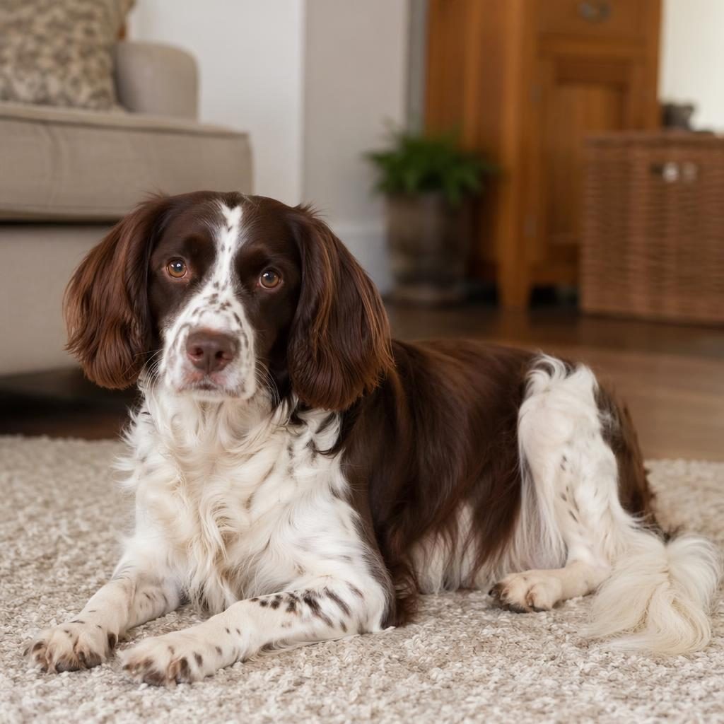 Studio photo of a senior hybrid dog with pug and border collie traits, relaxed in a cozy living room.