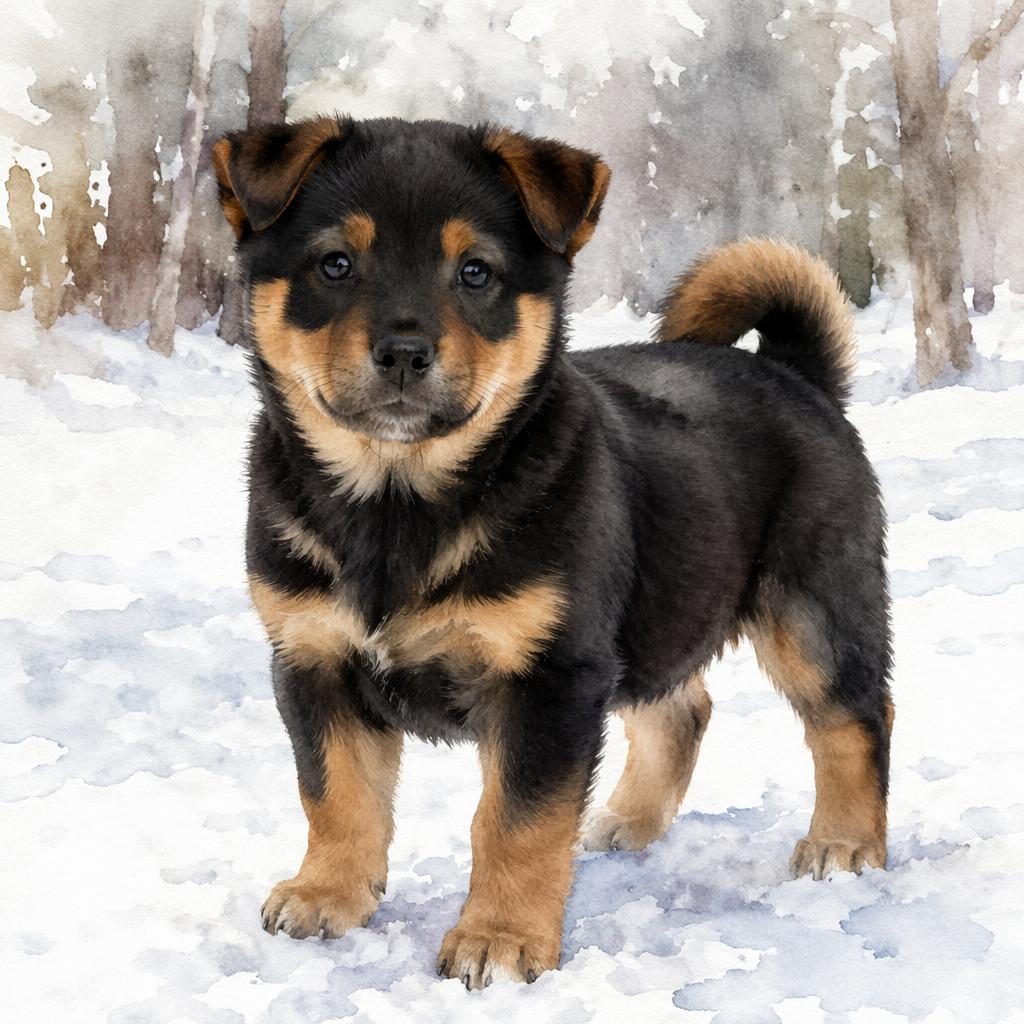 Watercolor-style puppy with Rottweiler and Shiba Inu traits standing in a snowy landscape, relaxed and well-groomed.