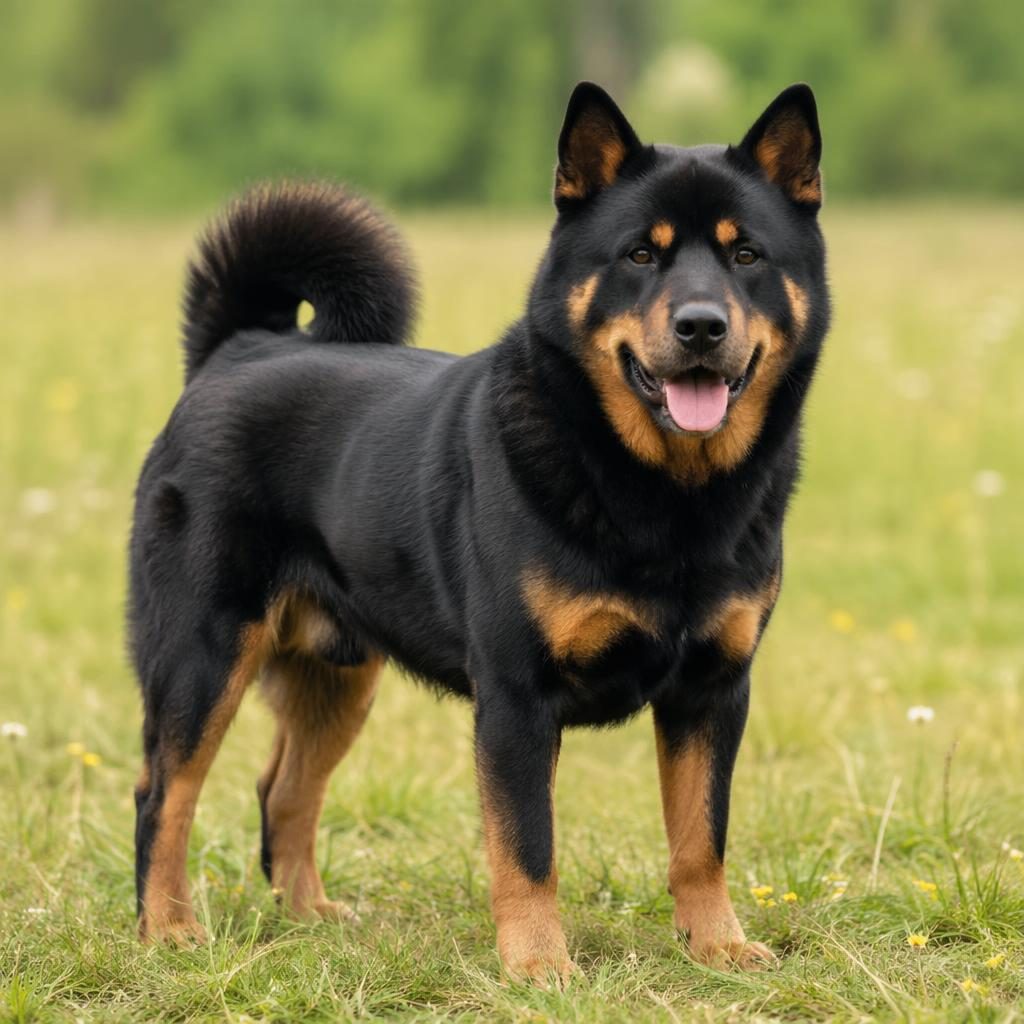 Single young adult Rottweiler Shiba Inu mix dog standing in a grass meadow, relaxed, well-groomed, in soft natural light.
