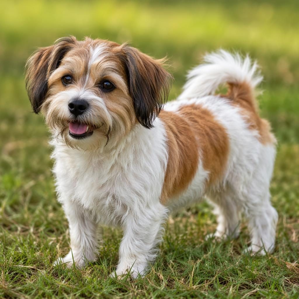 Jeden starší pes kříženec shih-tzu a jack russella stojí na travnaté louce, v měkkém denním světle.