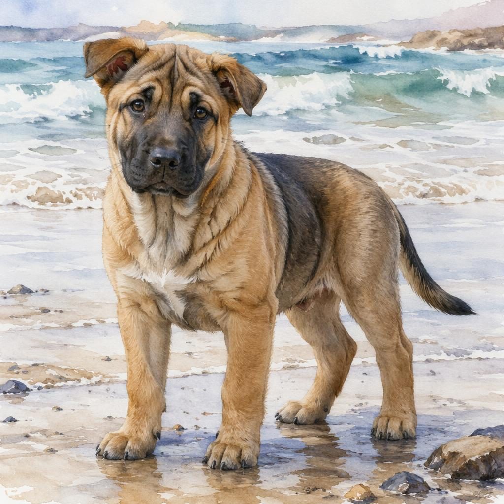 Ein einzelner freundlicher Shar Pei Schäferhund Mix Welpe im Aquarellstil steht entspannt am Strand bei weichem Licht.