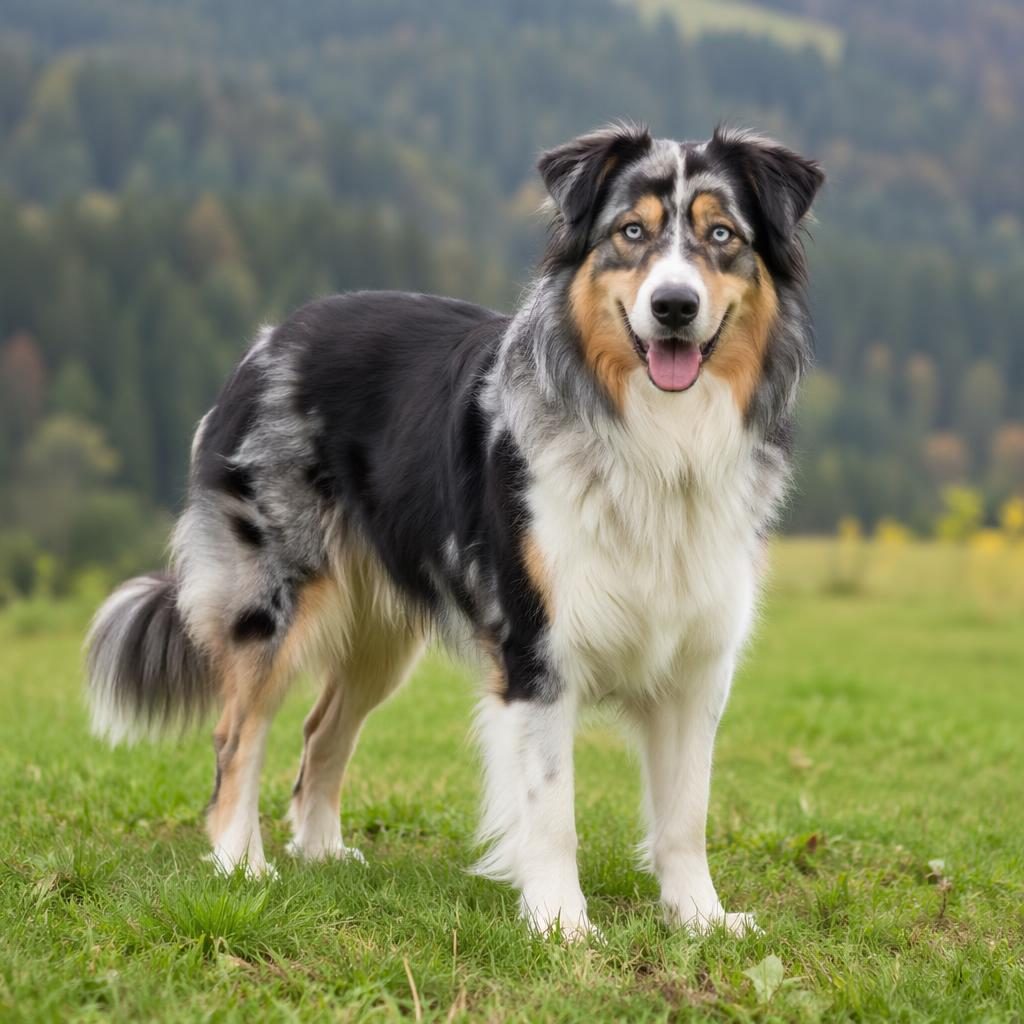 Ein einzelner senior Hund als australian shepherd husky schäferhund mischling auf einer Wiese im Studio-Look.