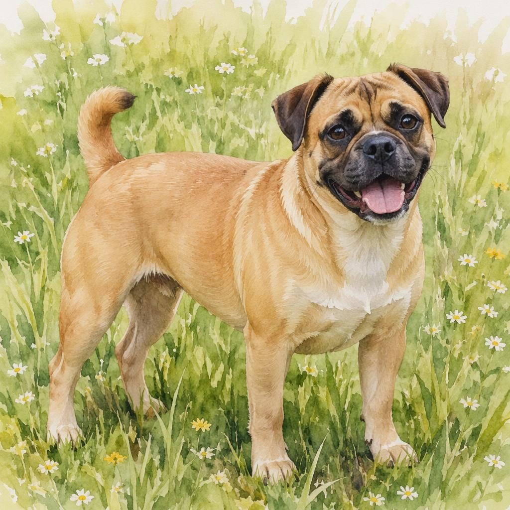 Single relaxed hybrid dog with pitbull pug styling in a grass meadow, watercolor look, soft light and detailed fur.