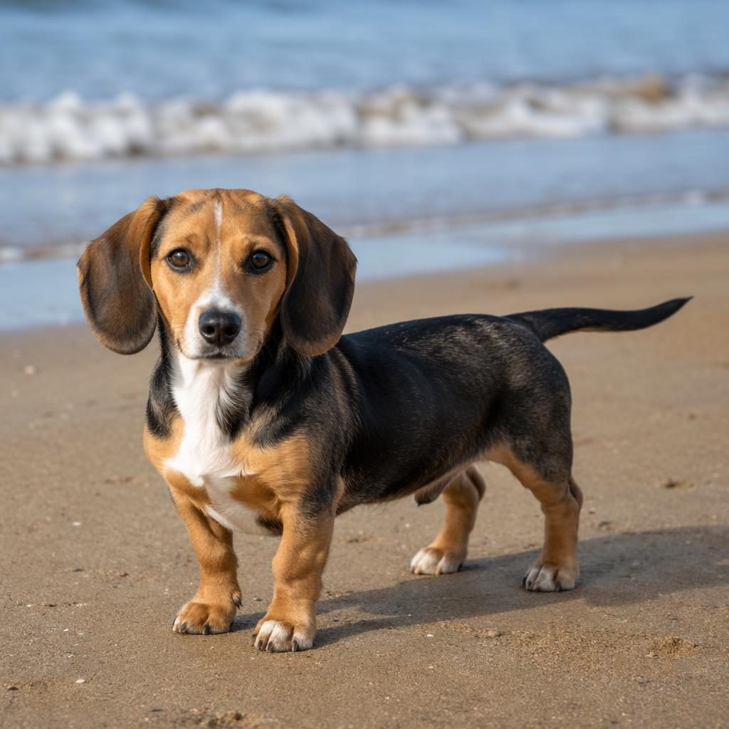 Photo-real beagle dachshund puppy on a beach, relaxed and friendly, with soft natural light and sharp fur detail.
