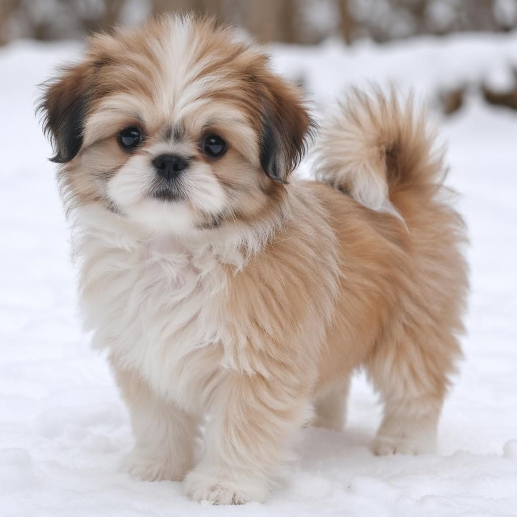 Studio-style photo of a fluffy mixed-breed puppy in a snowy landscape, relaxed expression, soft light, sharp fur detail.