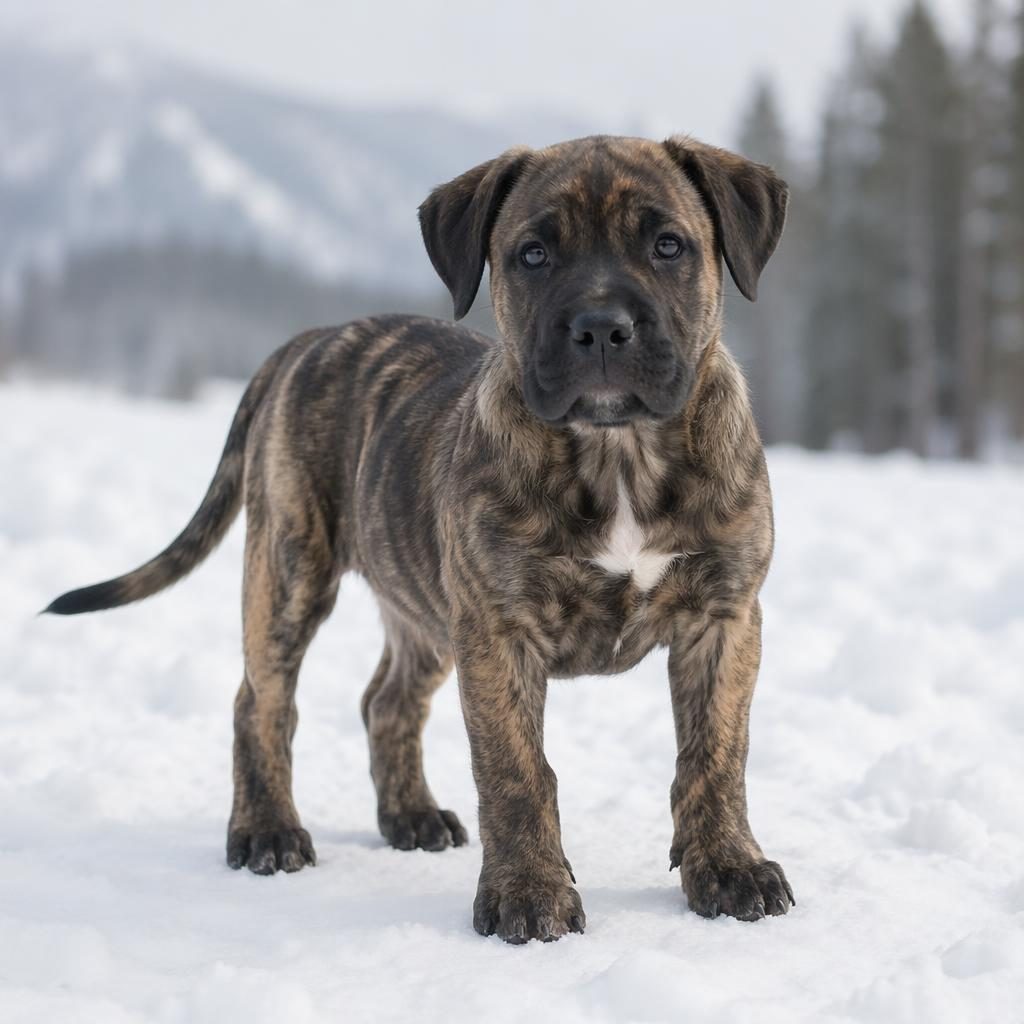 Cachorro mestizo de perro, solo, en paisaje nevado, pelaje realista, expresión amigable y luz natural suave.