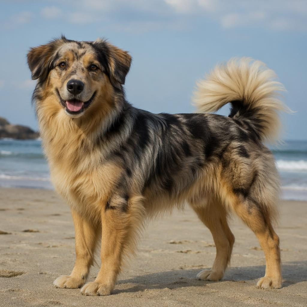 Ein einzelner entspannter Hundemix als realistische Illustration am Strand, mit weichem Licht, seltener Fellfarbe und scharfem Fell.