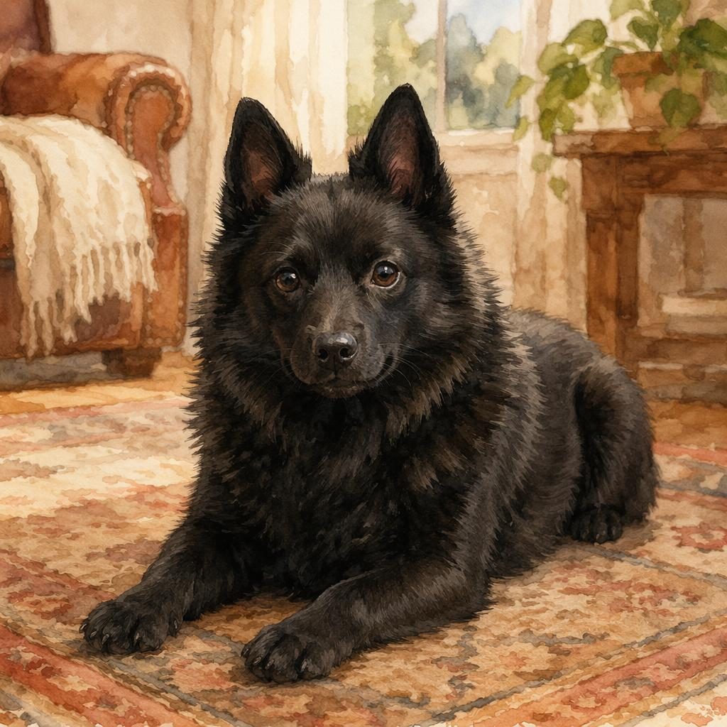 Senior hybrid dog with golden retriever and corgi traits, relaxed in a cozy living room, watercolor style, soft light