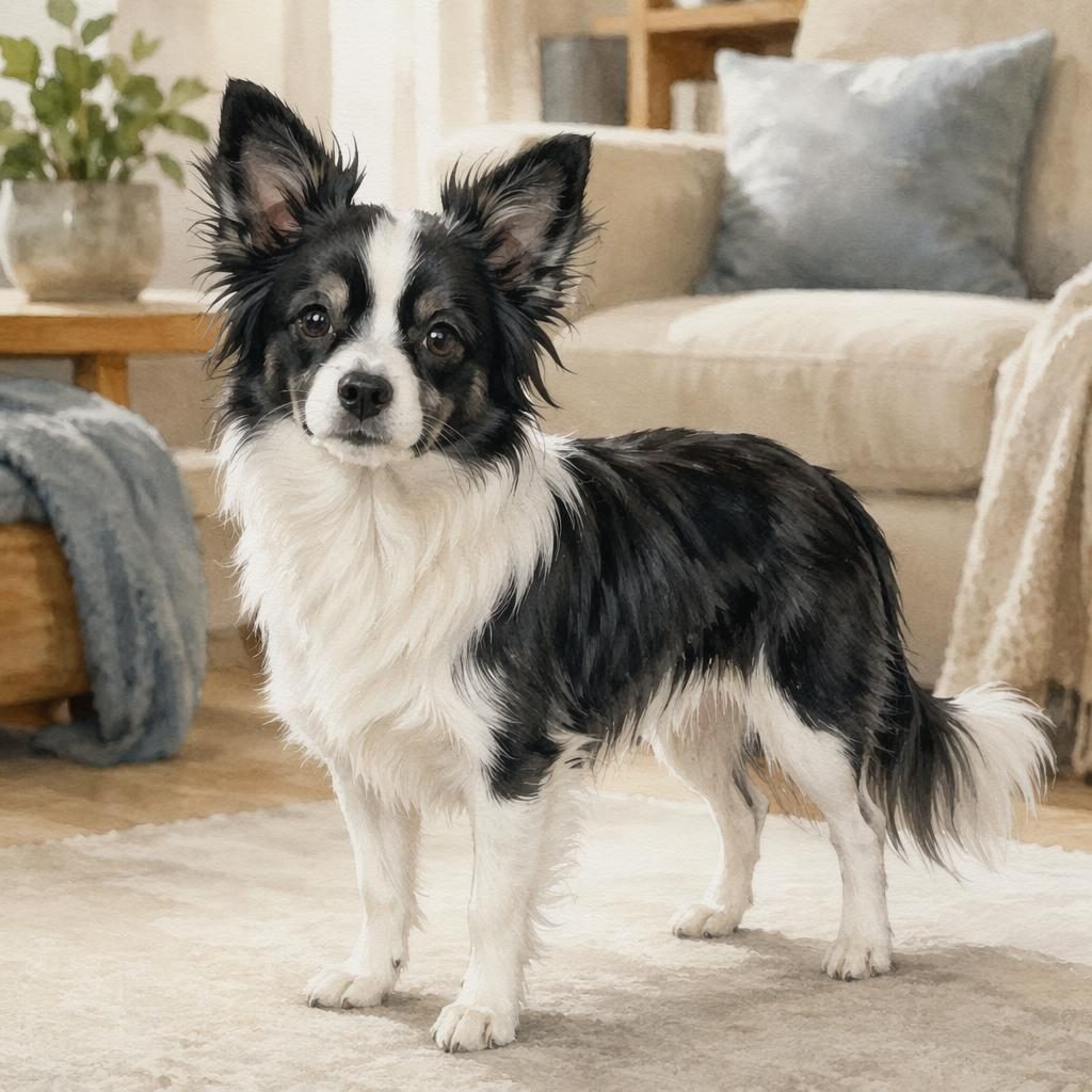 Einzelner junger Mischhund im Aquarellstil in einem gemütlichen Wohnzimmer, entspannt, gepflegt, mit weichem Fell.