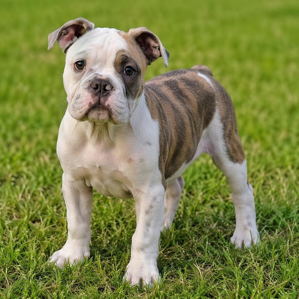 Senior hybrid dog with a Samoyed and Boston Terrier blend standing in a grass meadow, relaxed, fluffy, well-groomed.