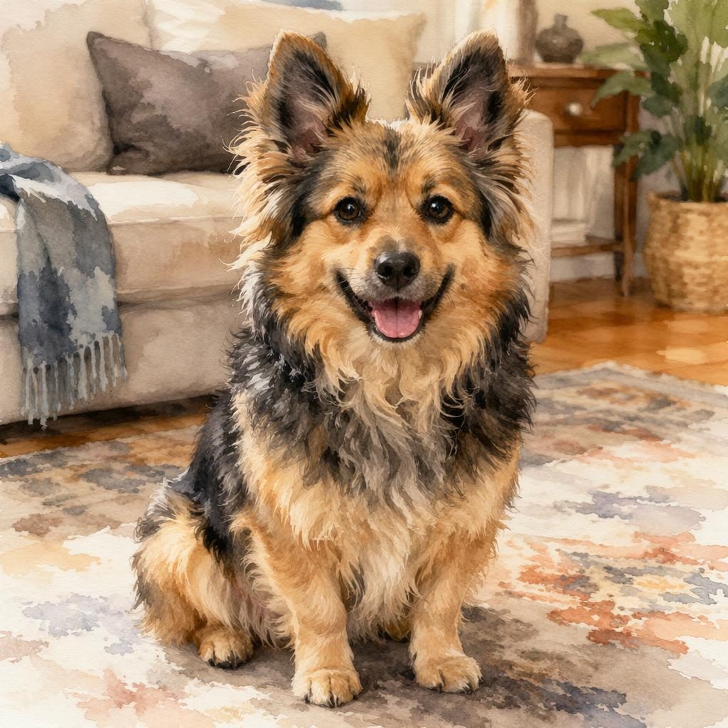Watercolor-style paperanian dog with fluffy coat, relaxed expression, and soft natural light in a cosy living room.