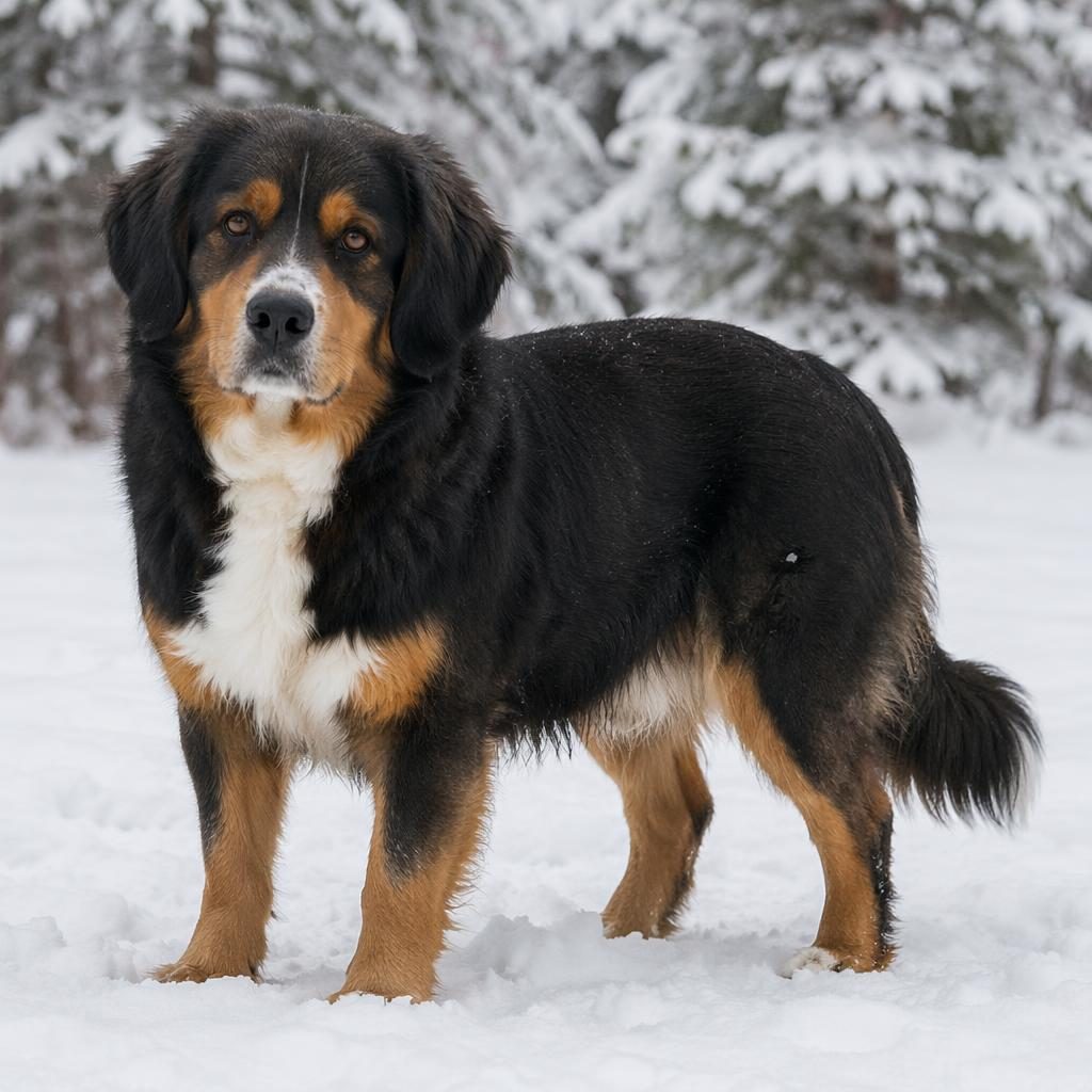 Single adult Beagle and Newfoundland mix dog in a snowy landscape, relaxed pose, rare coat, photo-real fur