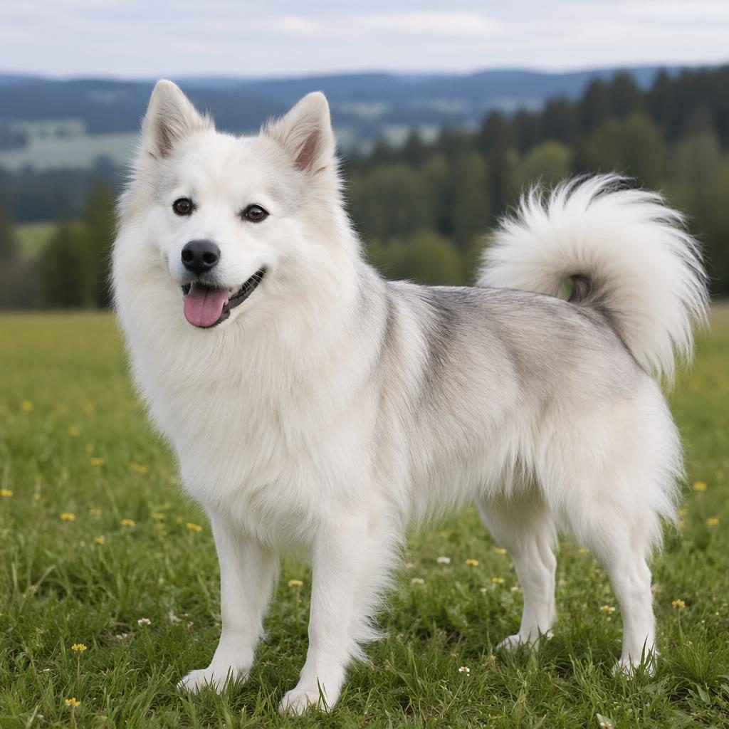 Senior mixed-breed dog in a grass meadow, blending Pomeranian and spitz traits, relaxed and well-groomed.