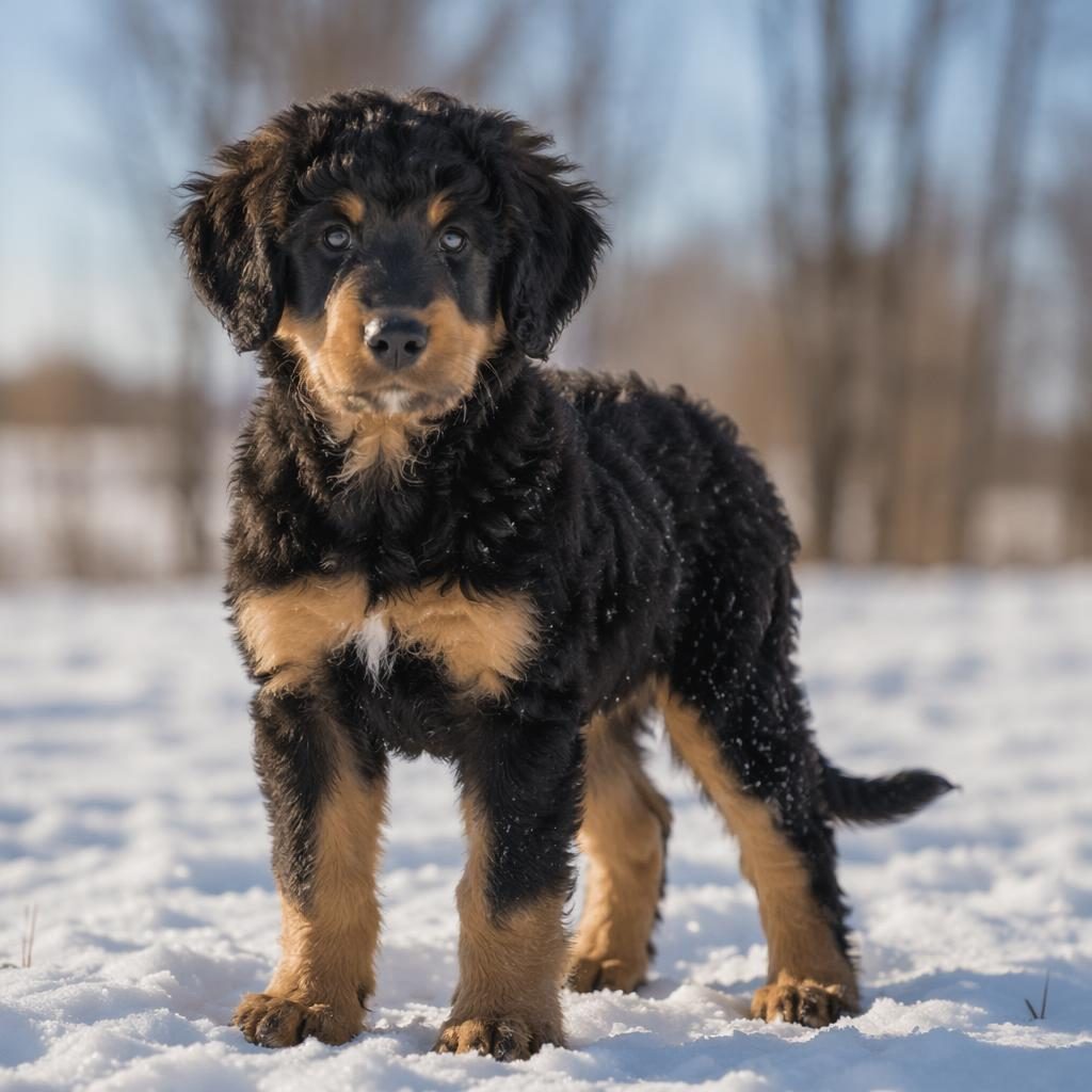 Realistic shepweiler puppy standing in snow, with a dark coat, floppy ears, soft light, and sharp fur detail.