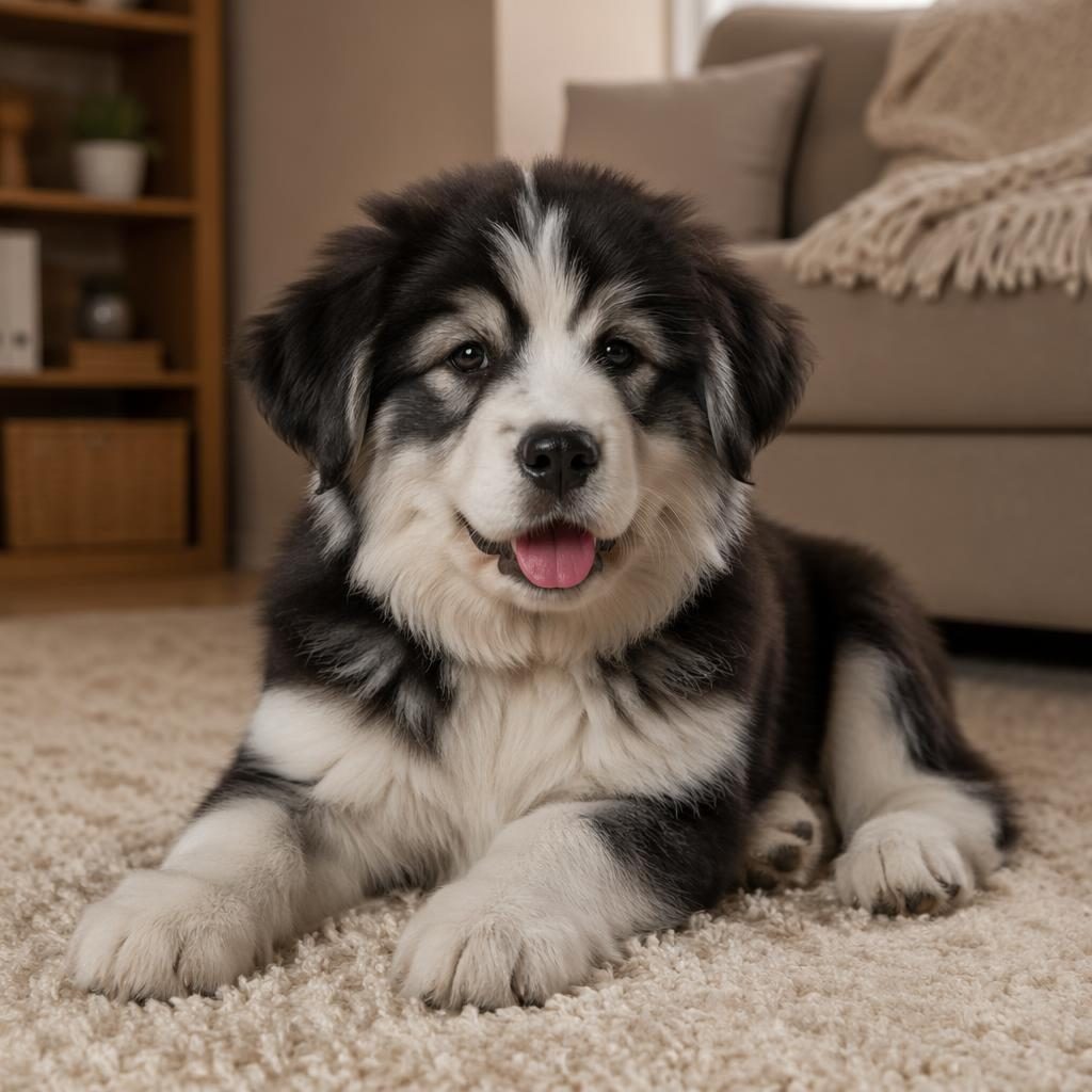 Photo-real illustrated young adult dog mix with fluffy coat, relaxed face, and balanced husky-newfoundland traits in a cozy living room.