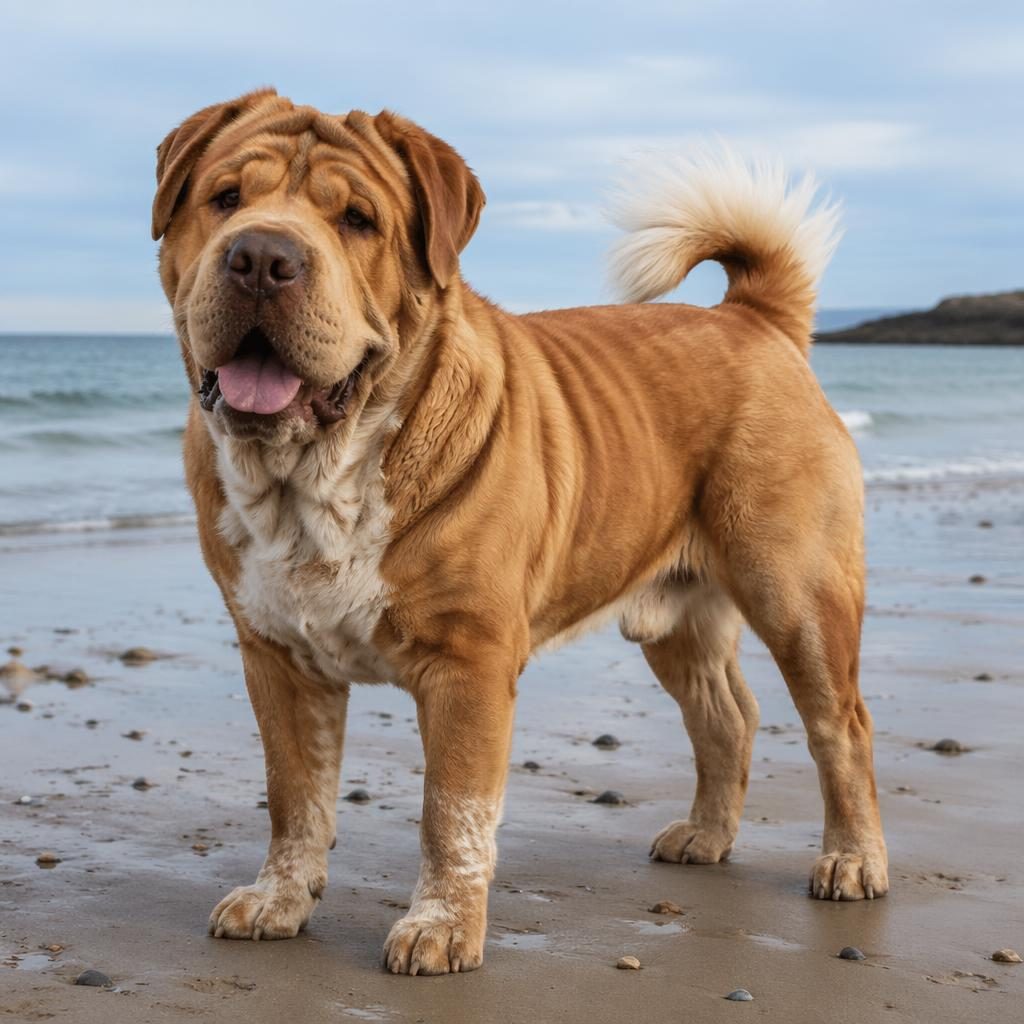 Photoreal single mixed-breed dog on a beach with Akita and Saint Bernard traits, unusual coat, relaxed expression.