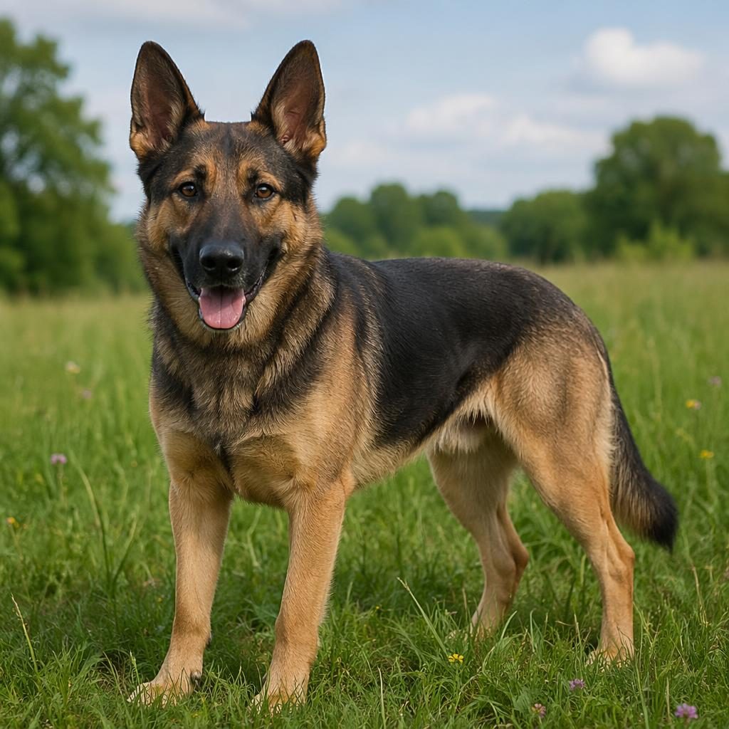 Junger freundlicher Schäferhund-Labrador-Mix steht entspannt auf einer grünen Wiese bei weichem Tageslicht