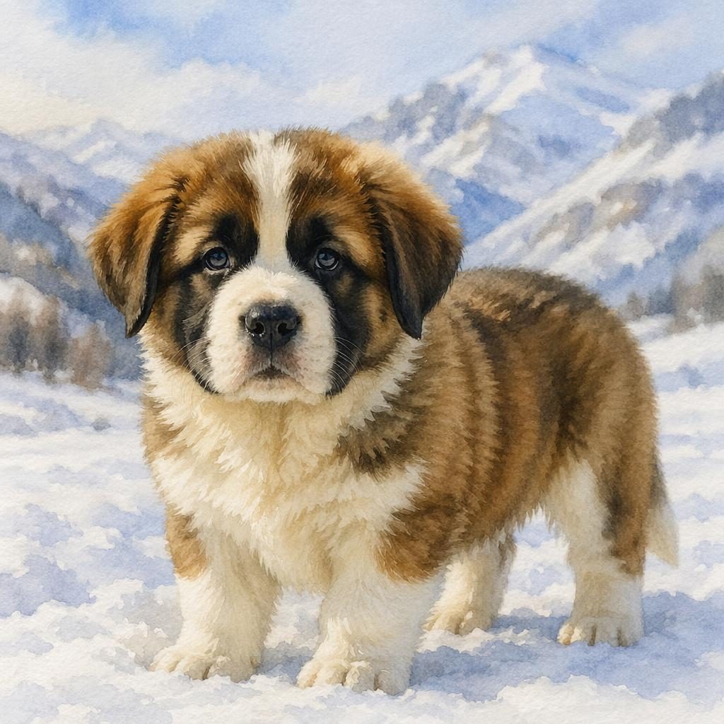 Watercolor puppy in a snowy landscape with realistic fur, relaxed expression, and soft natural light.