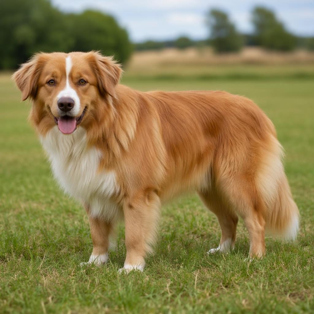 Chien senior seul dans une prairie, style studio, pelage doré type border collie, expression calme et amicale.