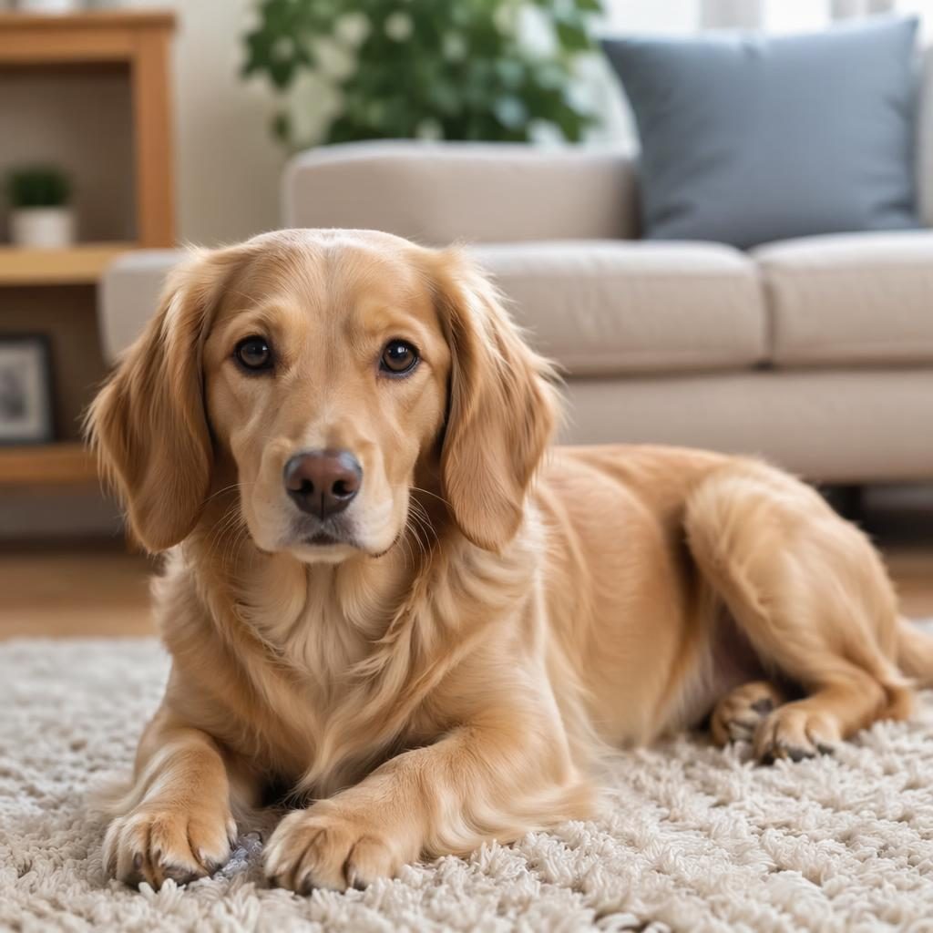 Photoreal senior mixed-breed dog resting in a cosy living room, with blended dachshund and golden retriever traits.