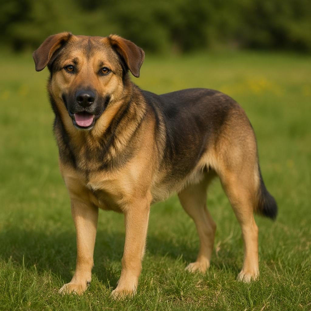 Dorosły pies rasy mix owczarka niemieckiego i labradora stoi na trawiastej łące w miękkim naturalnym świetle.