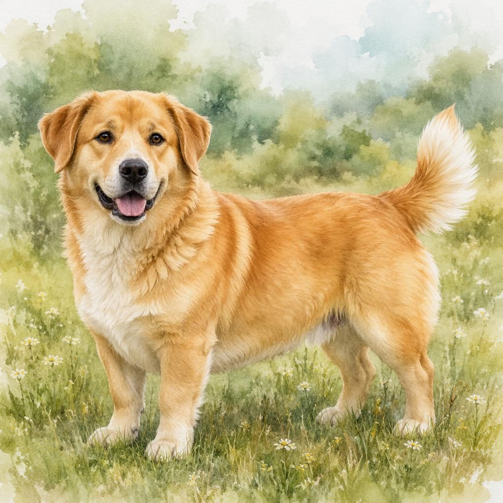 Ein einzelner Golden Retriever Corgi Mischling im Seniorenalter steht entspannt auf einer grünen Wiese im Aquarellstil.