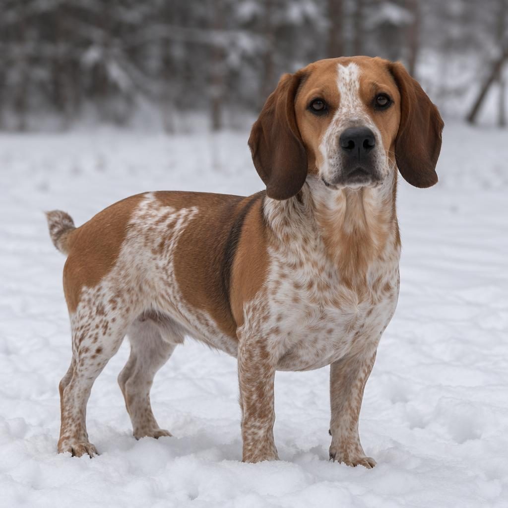 Photo-real illustration of a friendly adult papshund dog mix standing alone in snow with unusual coat coloring.
