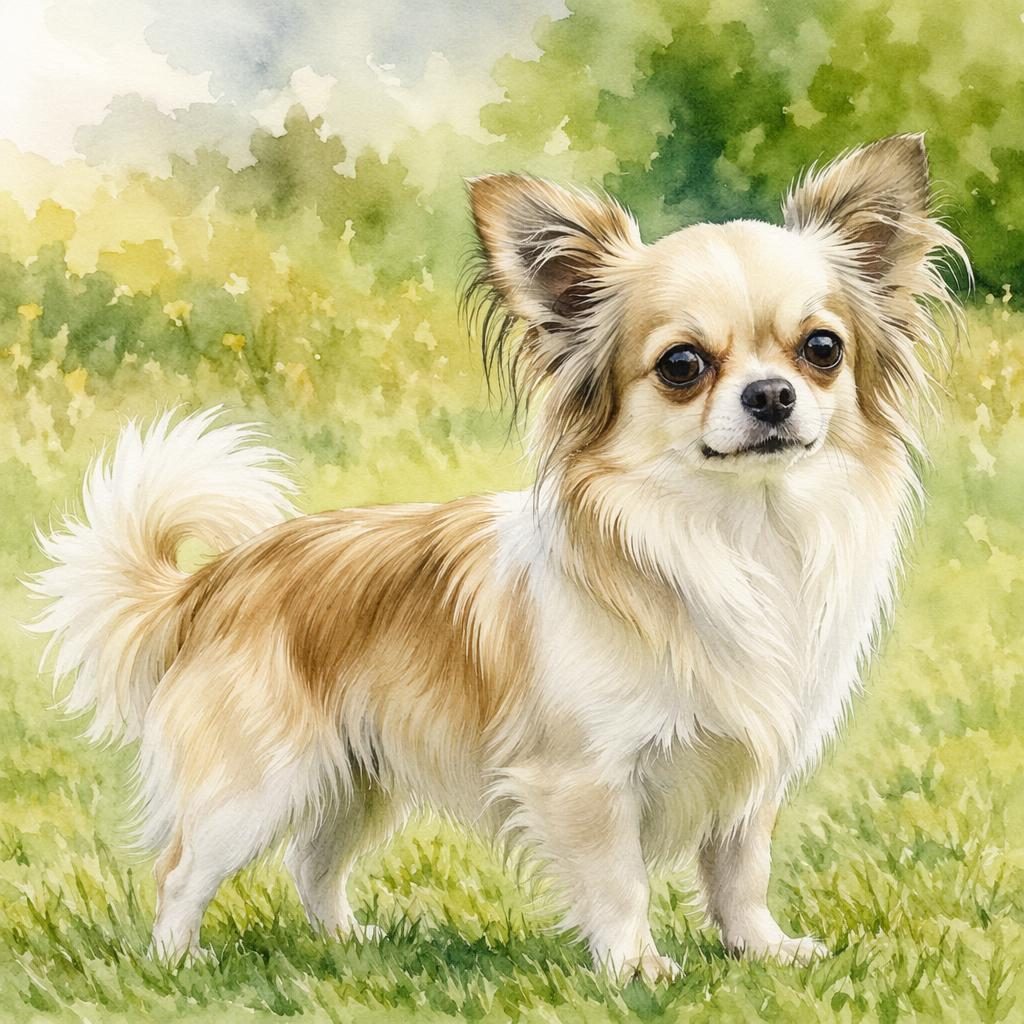 Watercolor-style single young adult Chihuahua Shih Tzu mix dog standing in a grass meadow with a relaxed expression