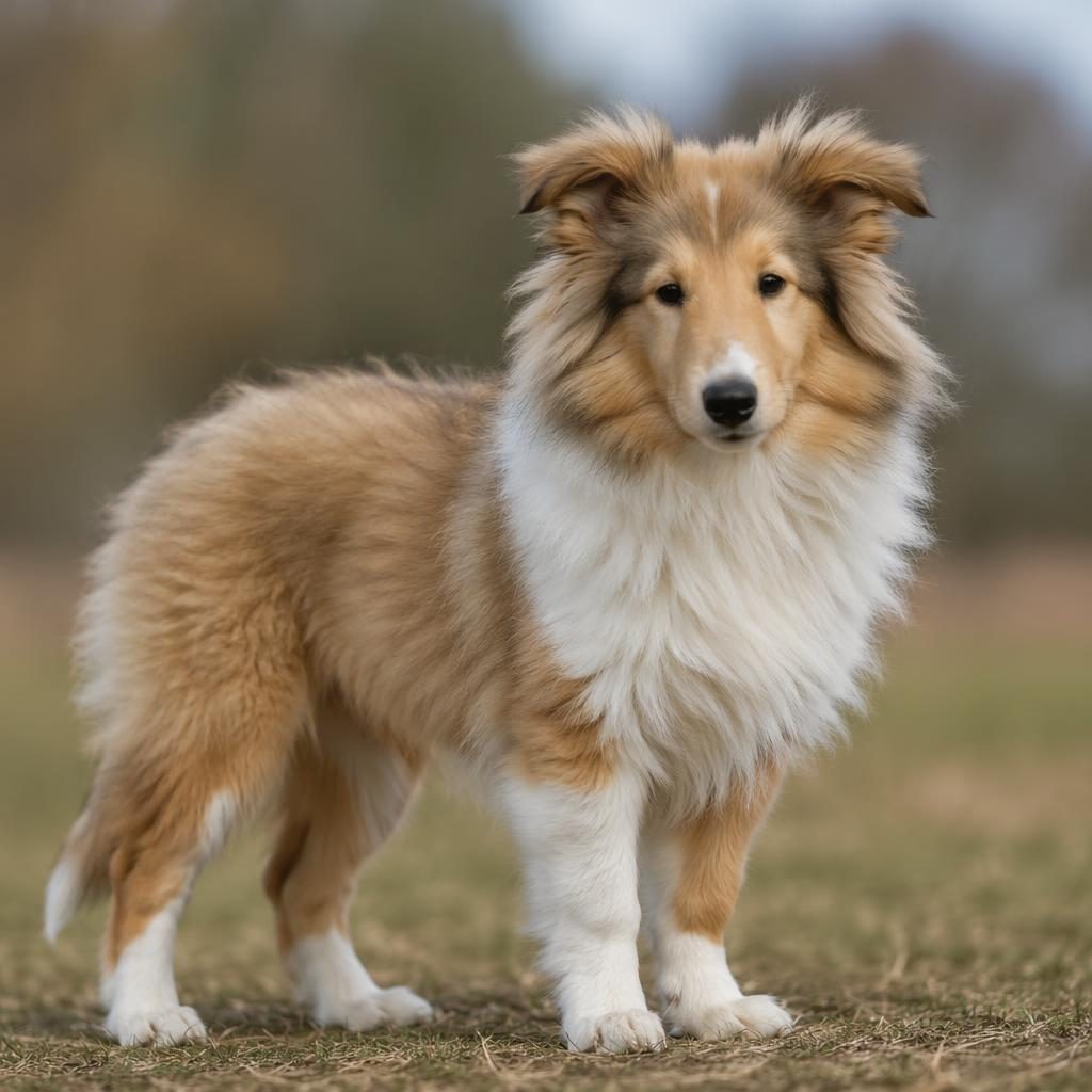 Single puppy dog with Akita and Saint Bernard traits, relaxed outdoors on a soft neutral background